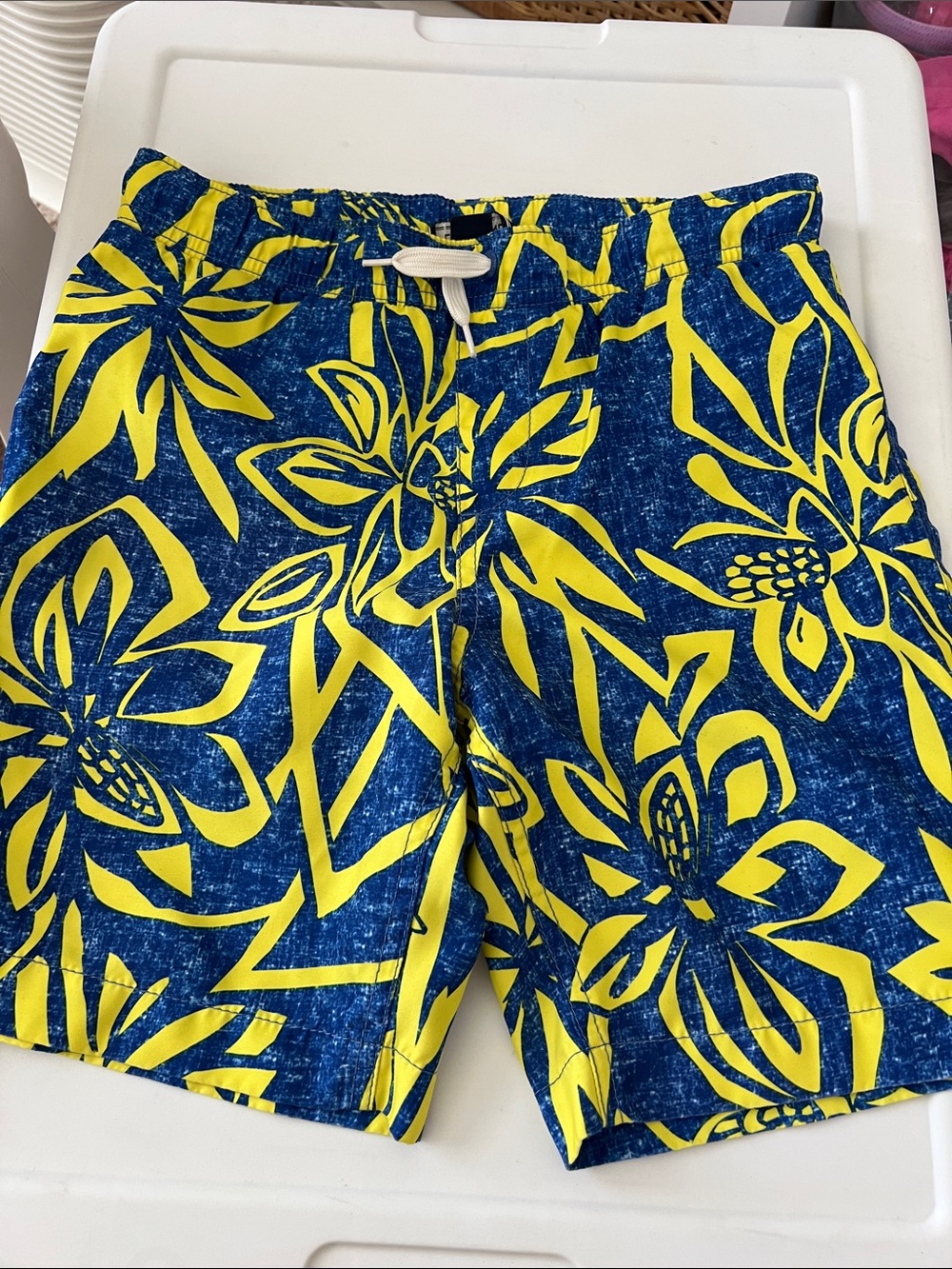 Lands' End Blue & Yellow Floral Swim Trunks